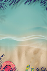 Obraz premium Summer background with Footprint step on beach sand of blue ocean sea wave,Top view Vector illustration beach hat,sandal,human stepson brown sand texture,Backdrop vertical banner for summer vacation