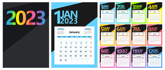 Bright calendar planner 2023 with months of different colors, basic template. The week starts on Monday. Vector illustration