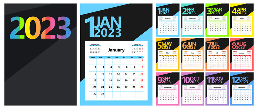 Bright Calendar Planner 2023 With Months Of Different Colors, Basic Template. The Week Starts On Monday. Vector Illustration