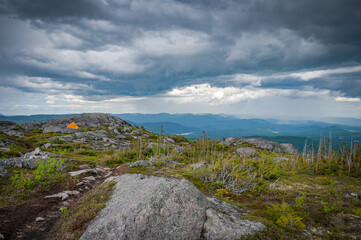 Hiking and camping in the back country of Charlevoix region, Morios mountain, QC, Canada