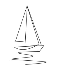 Yacht floating on water. Sailboat drawing with continuous line art. Outline drawing. One line drawing of sail boat. Minimalistic abstract illustration with single line.