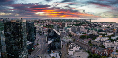 Aerial view of the Tallinn business center in the evening. Beautiful business district in Tallinn,...