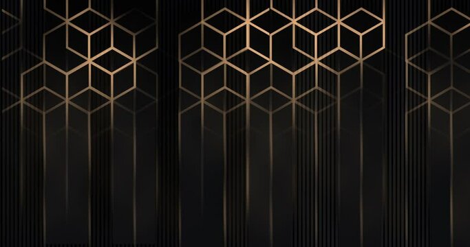 4k Abstract luxury black grey gradient backgrounds with golden metallic striped grid. Geometric hexagonal graphic motion animation. Seamless looped dark backdrop. Simple elegant universal minimal BG