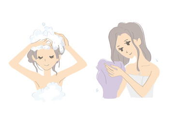 シャンプーした後タオルで髪を拭く女性のイラスト