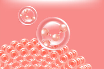 Hyaluronic acid hair and skin solutions ad, pink collagen serum drop over skin cells with cosmetic advertising background ready to use, illustration vector.	