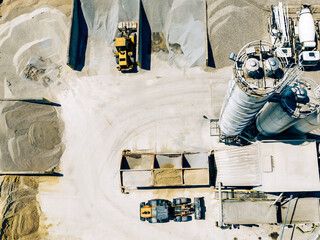 Cement Factory. Industrial Background. Aerial View of Cement Production Process. Sand Mixing Plant with Heavy Equipment.