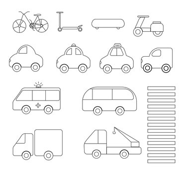 set of transport, car, bike, skate, moped, bus, set of cars, minimalism, outline drawing of black cars on a white background, transport for children, for children's books