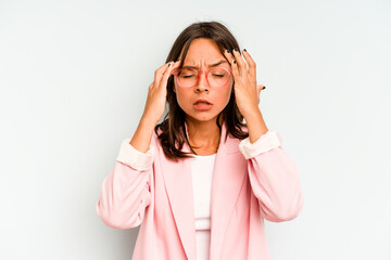 Young hispanic woman isolated on blue background rejecting someone showing a gesture of disgust.