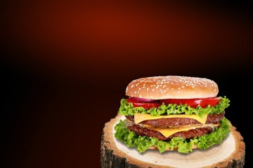 Burger with salad, cheese and bacon. Tasty food