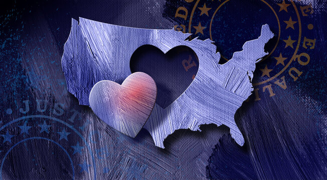America map with a heart shaped segment falling out graphic abstract background