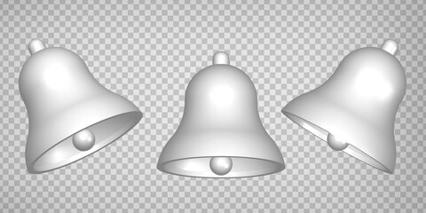 Set  of 3d notification bell  icon isolated on transparent background. 3d render white ringing bell  for social media reminder. Realistic vector icon. EPS 10