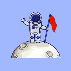 Cute Astronaut Holding Flag On The Moon. Cartoon Vector Icon Illustration. Flat Vector character Space Science and technology Icon Concept.
