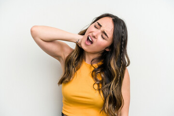 Young caucasian woman isolated on white background suffering neck pain due to sedentary lifestyle.