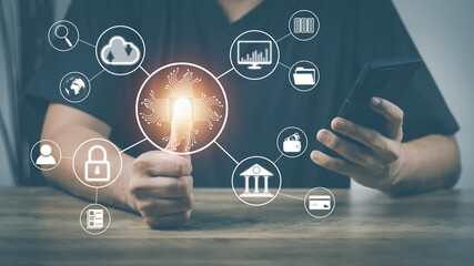 cyber security concept, man's hand scanning finger to go online to access information both accessing the system document storage Banking including online shopping This method is highly secure