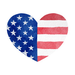 USA flag heart illustration. Hand painted watercolor American patriotic design. Happy 4th of July. I love the USA print. Blue and red stars and stripes. Patriotic element isolated on white.