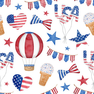 4th of July watercolor seamless pattern. Hand drawn American patriotic symbols in traditional blue and red colors. USA balloons, ice cream, ribbon bow, stars and stripes isolated on white background.