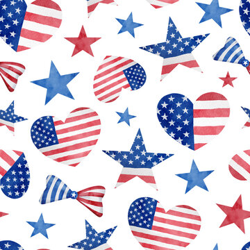 4th of July watercolor seamless pattern. Hand drawn ribbon bows, stars and hearts with American flag isolated on white background. I love USA repeated design.