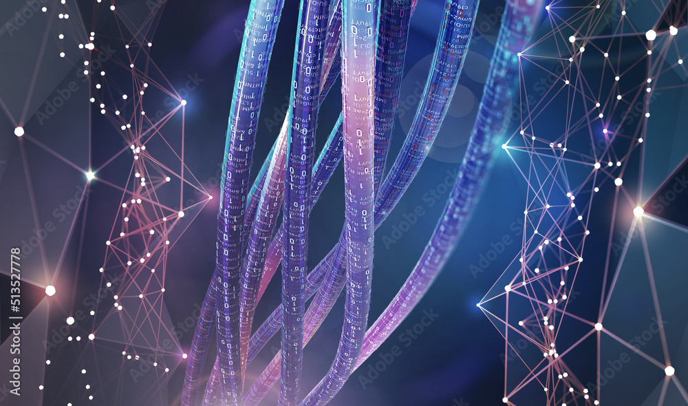 Poster Internet technology. Data channel cable. Cyber network of information flows. High speed internet 3D illustration