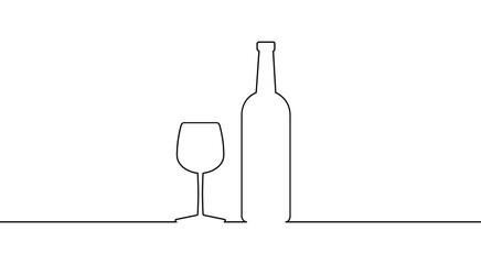 Wine bottle and wine glass drawing with one continuous line. One continuous line of a bottle and wine glass. Vector illustration.