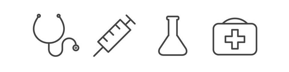 Stethoscope and syringe. Laboratory flask and medical case. Therapist, ENT, tests. Four medicine related outline icons. Vector illustration.