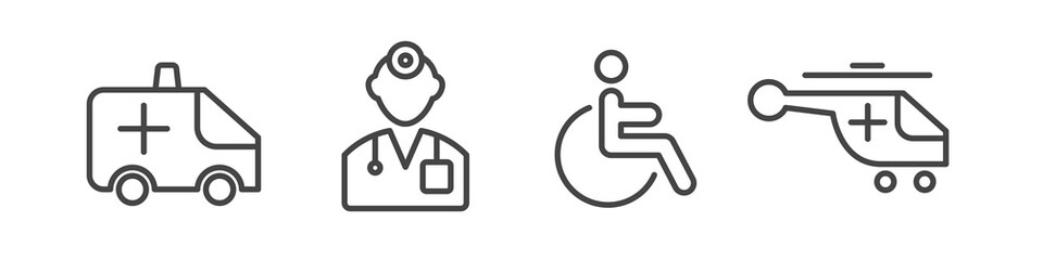 Ambulance, doctor, disabled person, medical helicopter. Four medicine related outline icons. Vector illustration.