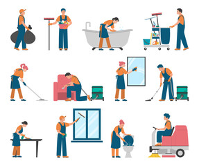 Cleaning service set vector isolated. Collection of people in uniform doing professional cleaning. Housework, janitor washing floor, windows and mirrors. Sponge, mop and vacuum cleaner.