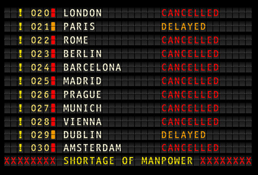 airport information displaying cancelled and delayed flights due to shortage of staff,vector illustration