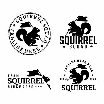 set of squirrel holding flag logo template, chipmunk illustration soccer team logo design concept