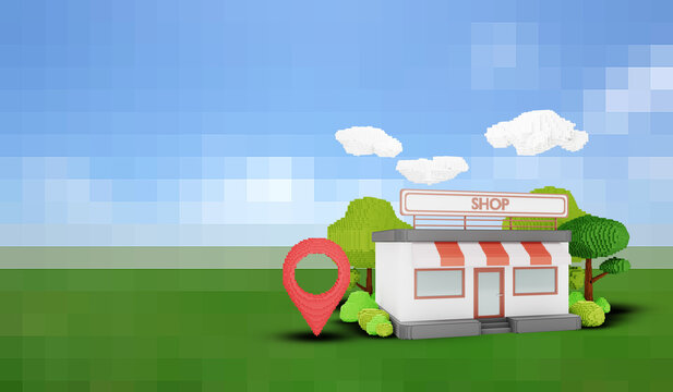 Store with map pin pointer on pixelated background. 3d rendering image of low poly voxel 3d models.