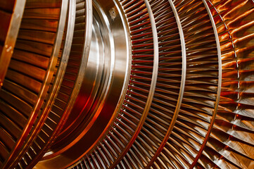 Rotor of modern steam turbine in plant workshop closeup