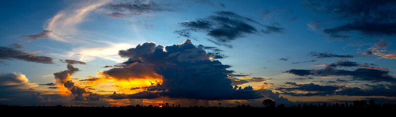 Panorama photo of Landscape sunset with dark clouds.Tree silhouetted against a setting sun.Dark...