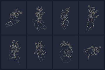 Concept art of blossom beauty. Elegant linear woman with floral branch and wildflowers. Minimalistic female figure and face. Vector art of femininity and beauty for logo or wall art. Botanical