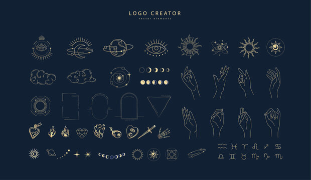 Logo design creator with different frames, floral elements and hand gestures. Magic objects in a minimalistic linear style elements set isolated on background. Vector minimal trendy