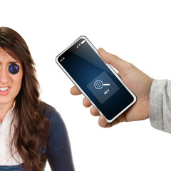 Pretty young woman with built-in camera saying you are crazy to man with spy equipment
