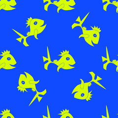 Funny fish seamless vector pattern. Smiling yellow shark on a blue background