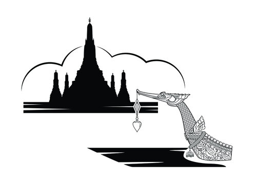 Line art of Bangkok Thailand symbols with Royal barge and Wat Arun Ratchawararam temple along chaophaya river drawing in black and white vector