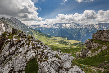Obraz premium Beautiful nature. Mountain hiking Trail Road. Italy Malga Montasio Forca Disteis