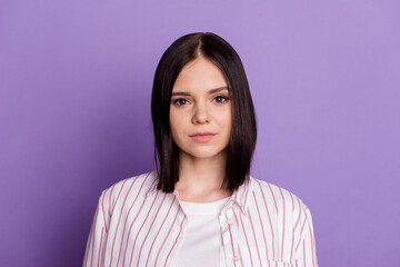 Fototapeta premium Photo of young pretty woman clever representative expert wear casual clothes isolated over violet color background
