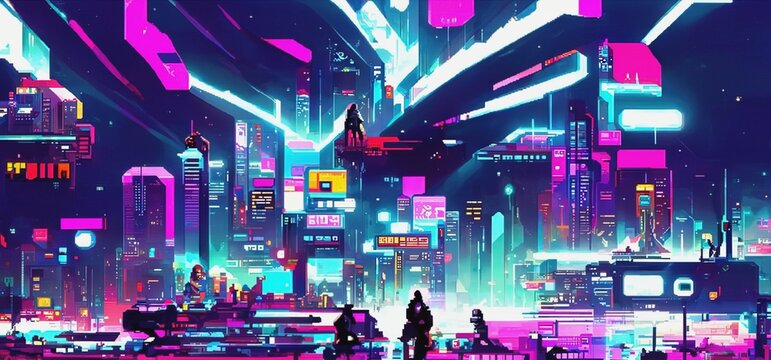 Cyberpunk city street. Sci-fi wallpaper. Futuristic city scene in a style of pixel art. 80's wallpaper. Retro future 3D illustration. Urban scene.