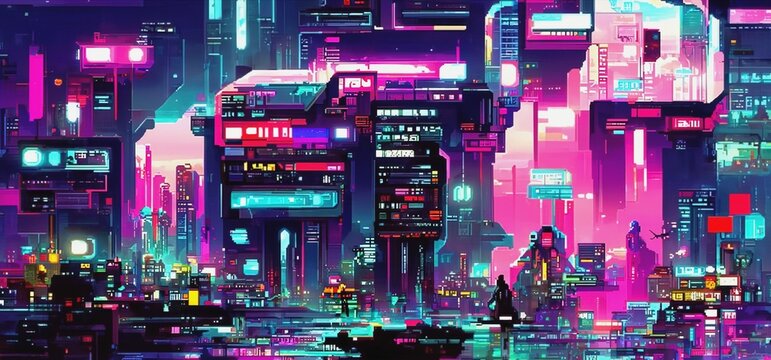 Cyberpunk city street. Sci-fi wallpaper. Futuristic city scene in a style of pixel art. 80's wallpaper. Retro future 3D illustration. Urban scene.