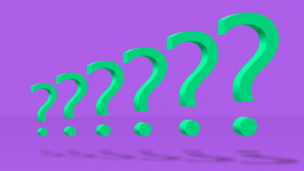 Green question marks on a lilac background. 3d illustration of a question mark.