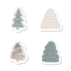 Doodle Christmas tree stickers set. Abstract Chrisstmas eve Evergreen decorative winter holiday forest elements. Hand drawn vector set