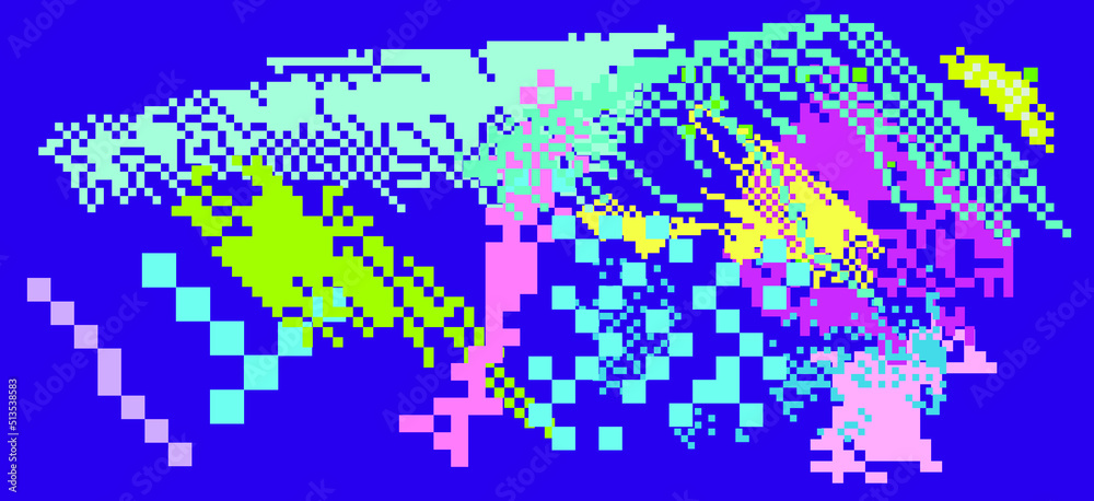 Poster trendy vaporwave background with pixel art chaotic composition. concept of a glitchy computer screen