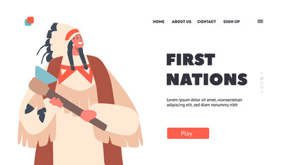First Nations Landing Page Template. Warlike Indian American Male Character with Pigtails and Axe. Indigenous Warrior
