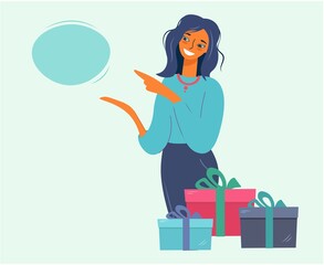 Banner with a young girl pointing at an advertising speech bubble. Nice woman points to discounts. Happy lady with a bunch of parcels. Vector flat isolated illustration.