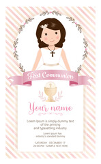First communion invitation. Girl with communion dress and flower frame. First holy communion invitation.