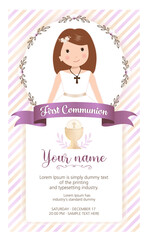 First communion invitation. Girl with communion dress and flower frame. First holy communion invitation.