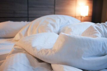 messy bed in early morning , messy bed after waking up 