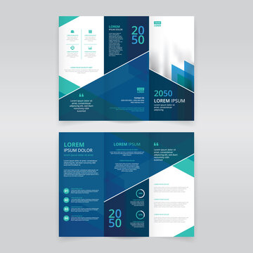 Modern trifold brochure template with teal and blue color striped background, trifold flyer layout, pamphlet, leaflet
