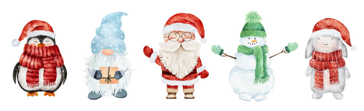 Set of Watercolor Christmas characters - scandinavian gnomes, Santa Claus, snowman, rabbit and penguin isolated onwhite background.